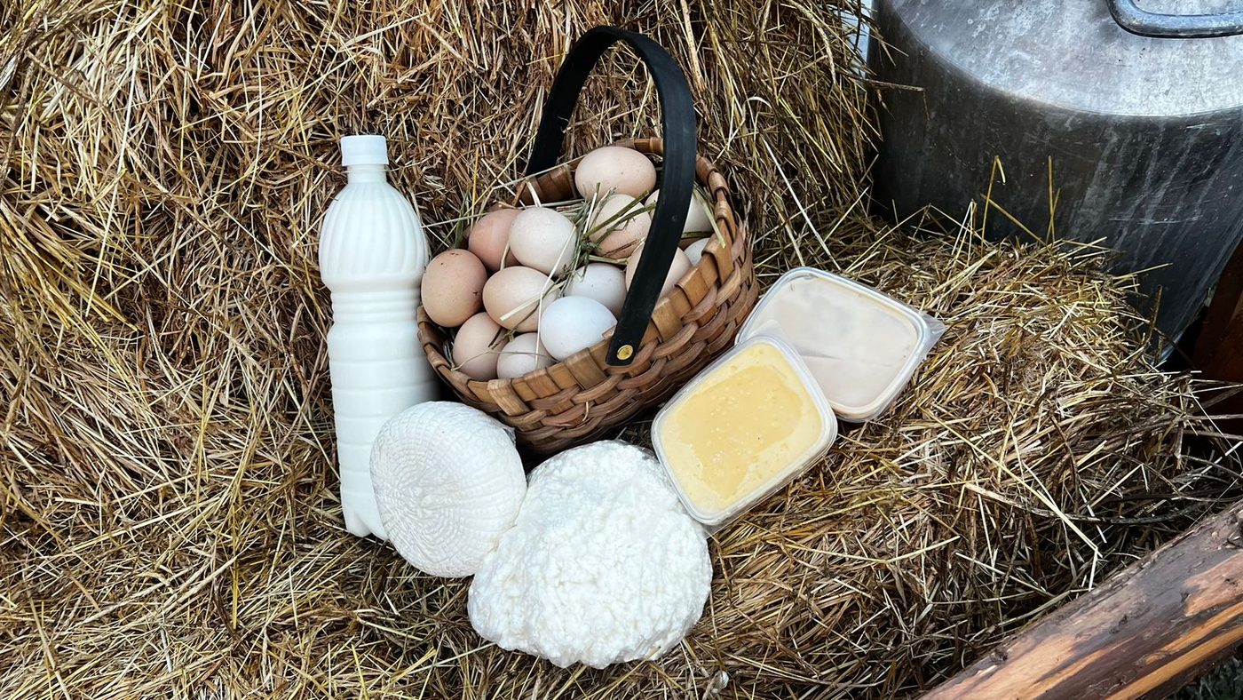 Домашний сыр, творог, яйца и бутылка молока в корзине на сене